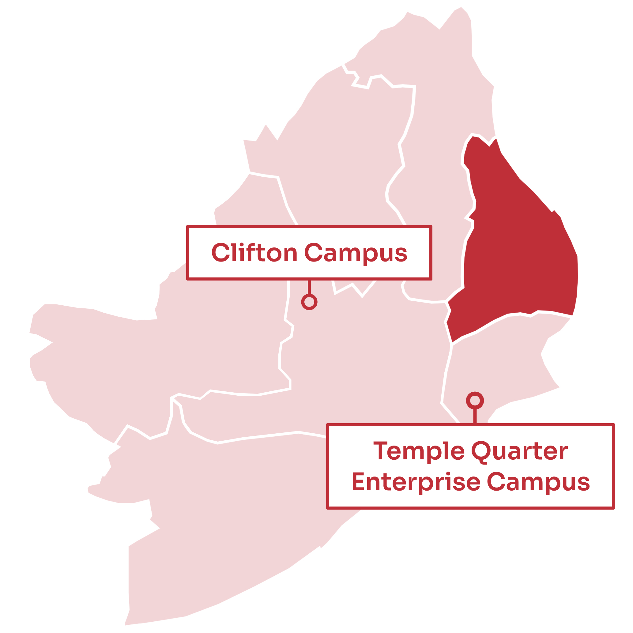 A map of Bristol with the Old Market and St Pauls area highlighted to the east. Clifton Campus is west of the highlighted area. Temple Quarter Enterprise Campus is to the south.